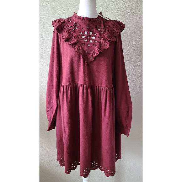 NWT Madewell Boho Festival Dress Large Western Eyelet Ruffle Embroidery Burgundy - Picture 3 of 16